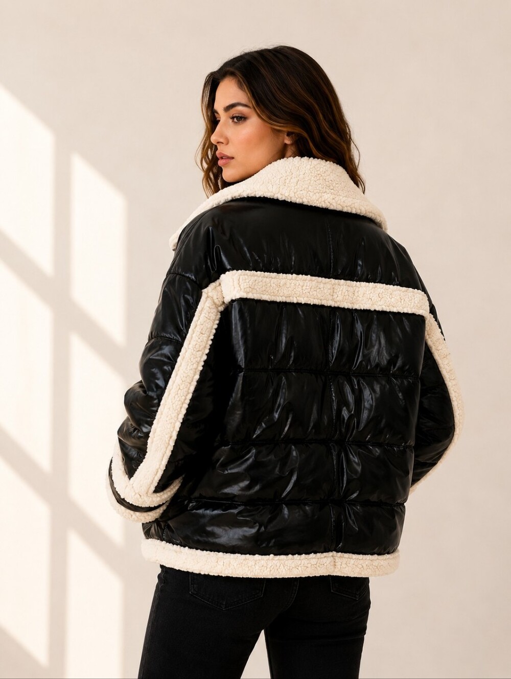 NVLT Women's Black & White Vegan Leather Shearling Fuzzy Coat Jacket Size XS/S - Picture 10 of 16